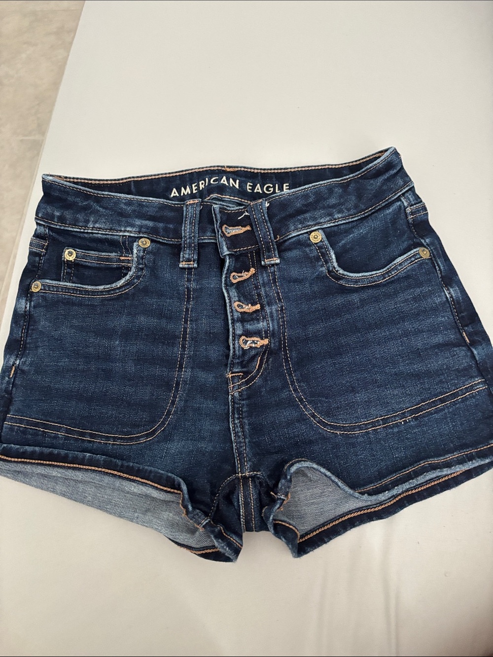 American Eagle Outfitters Dark Blue High-Rise Button-Fly Denim Shorts